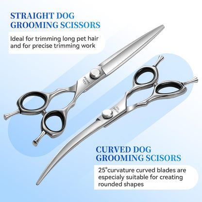 Dog Grooming Scissors Set 3 in 1 with Straight, Curved, Thinning Scissors and Comb Stainless Steel Dog Shears for Grooming Pets and Cats,Sharp and Durable