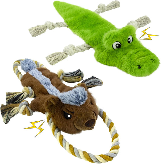 Interactive Dog Toys,No Stuffing Squeak Dog Toy for Large Dogs.Plush Dog Toy for Puppy, Small, Medium, Large Dog,Not for Aggressive Chewers(Rope Crocodile&Honey Badger)