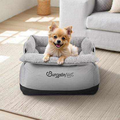 BurgeonNest Dog Car Seat for Small Dogs, Fully Detachable and Washable Cat Carseats Under 25 lbs, Soft Pet Booster Seats with Storage Pockets and Clip-On Leash Portable Car Travel Carrier Bed, Grey