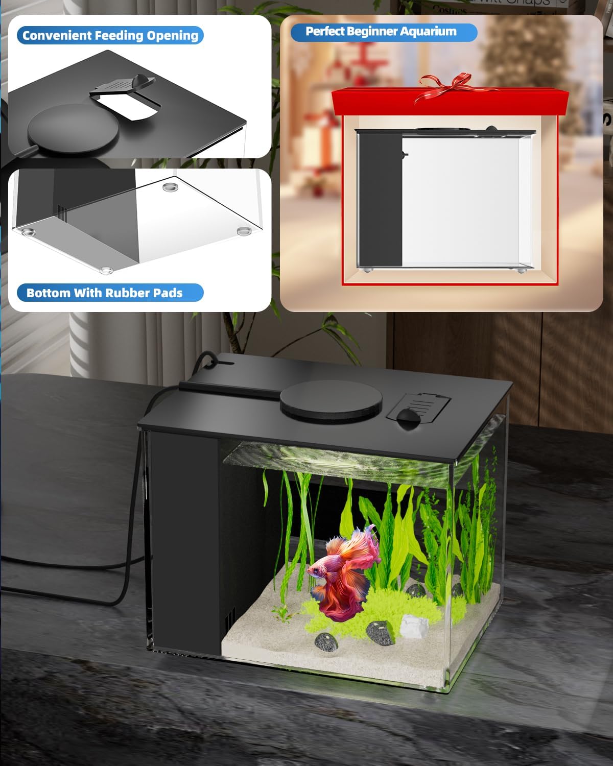 Betta Fish Aquarium 2.9L (0.78 Gal), Acrylic Small Fish Tank Kit with Water Filter Pump & LED Light, Ideal for Small Fish, Shrimp and Plants, Black