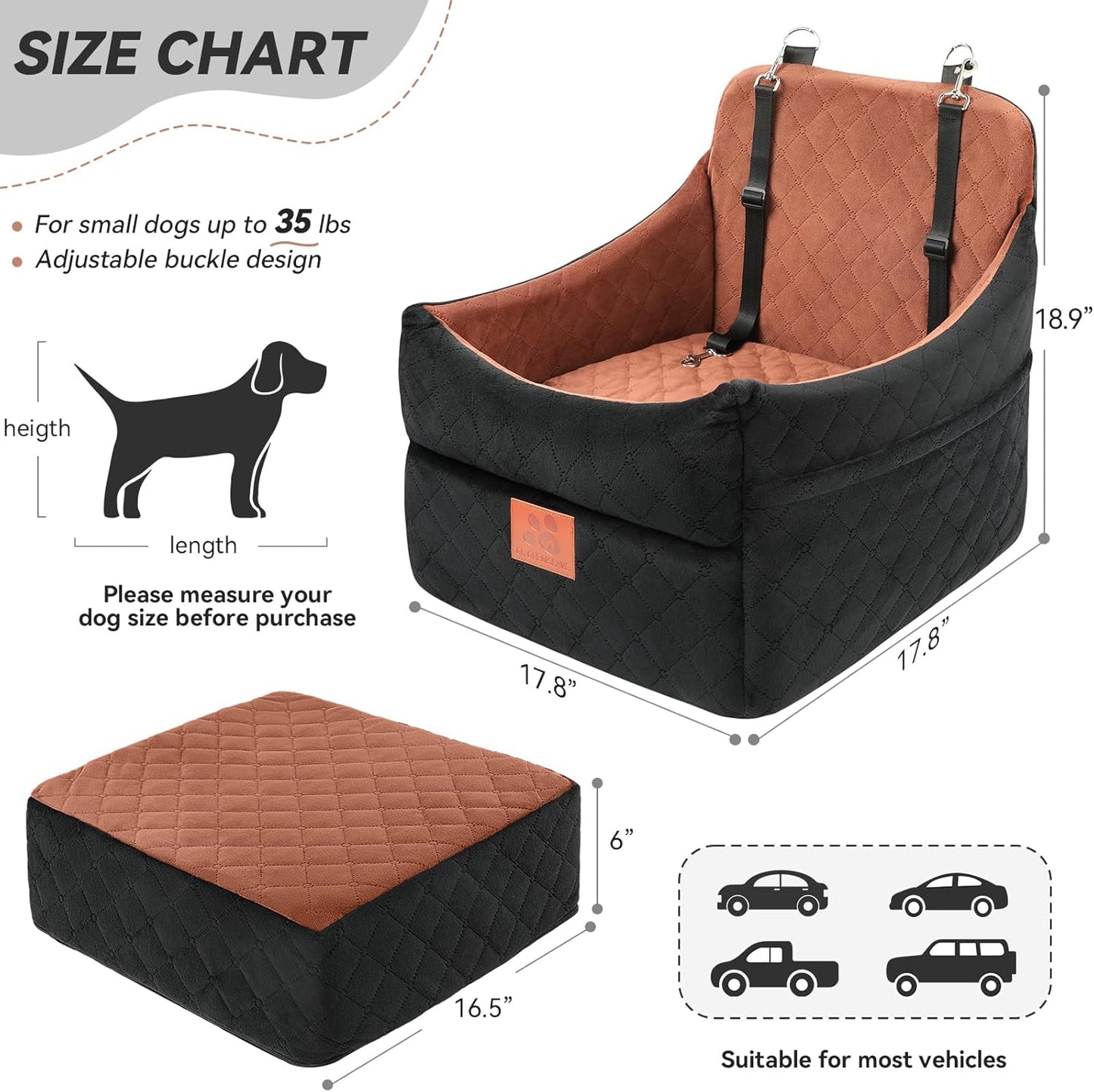 Dog Car Seat for Small/Medium Dogs, Dog Booster Car Seats with Thick Cushion for Dogs Under 35 lbs, Detachable Washable Pet Carseat with Storage Pockets, 2 Safety Belts(Black/Brown)