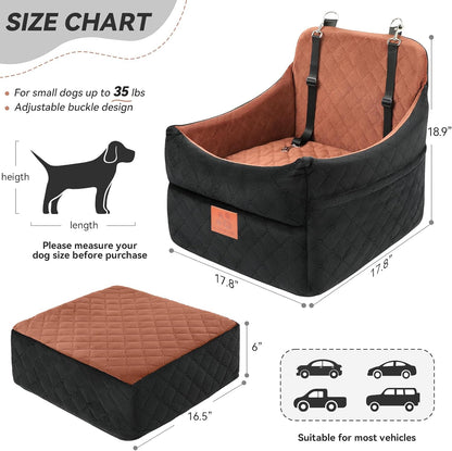 Dog Car Seat for Small/Medium Dogs, Dog Booster Car Seats with Thick Cushion for Dogs Under 35 lbs, Detachable Washable Pet Carseat with Storage Pockets, 2 Safety Belts(Black/Brown)