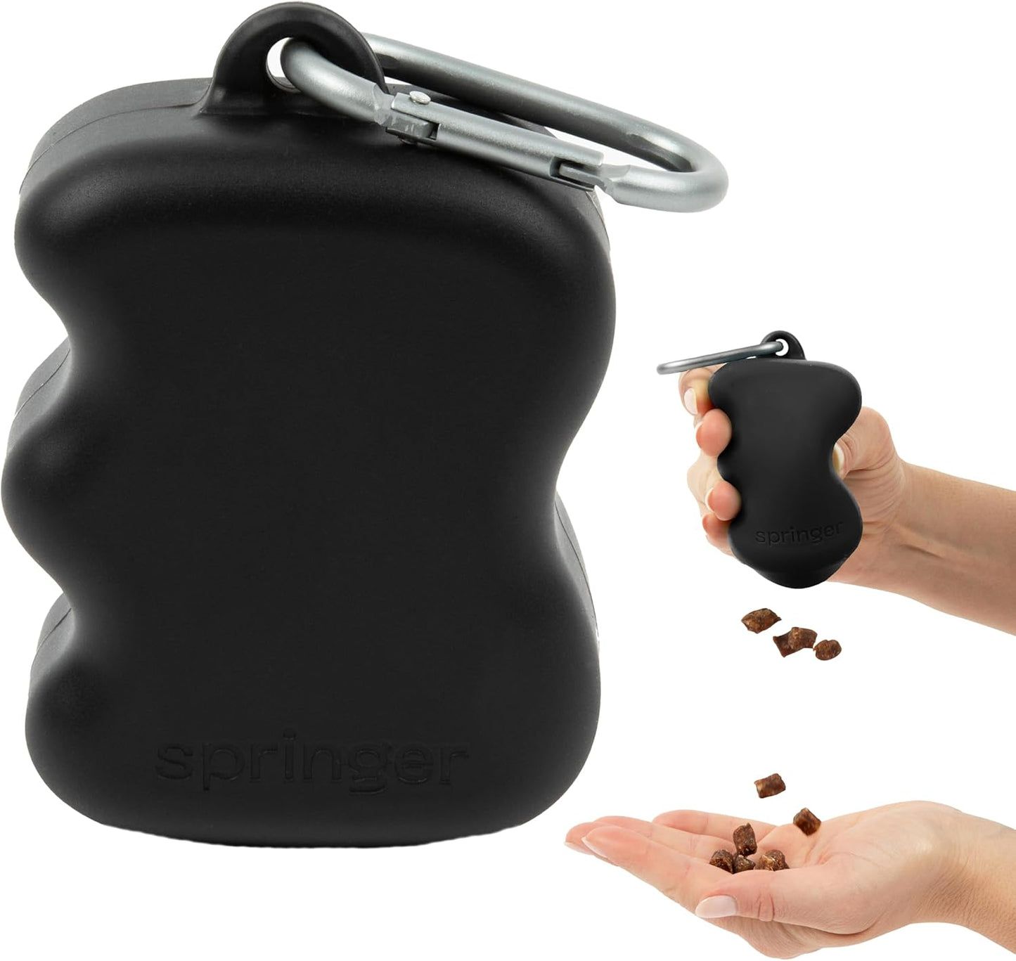 Springland by Springer Dog Treat Pouch for Effort-Free Squeeze Dispensing - Easy-Fill, Food-Grade Silicone Treat Pouches for Pet Training - Includes Carabiner-Black