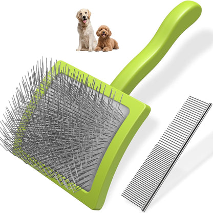 2PCS Slicker Brush for Dogs & Pet Comb,Professional Dog Grooming Brush (Goldendoodles,Poodles,Labradoodles) with Extra Long Pins to Effectively Remove Tangles, Knots and Mats (Large Green)
