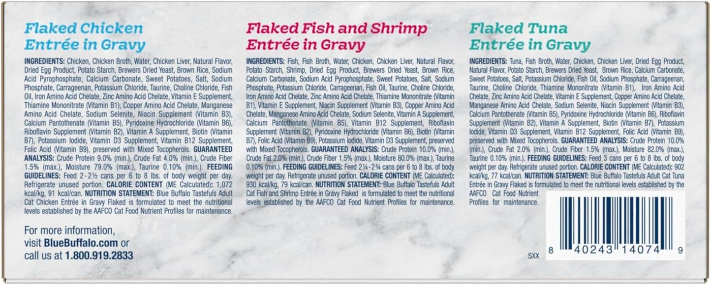 Blue Buffalo Tastefuls Flaked Wet Cat Food Variety Pack, Made with Natural Ingredients, Tuna, Chicken, Fish & Shrimp, 3-oz Cans (12 Count, 4 of Each)