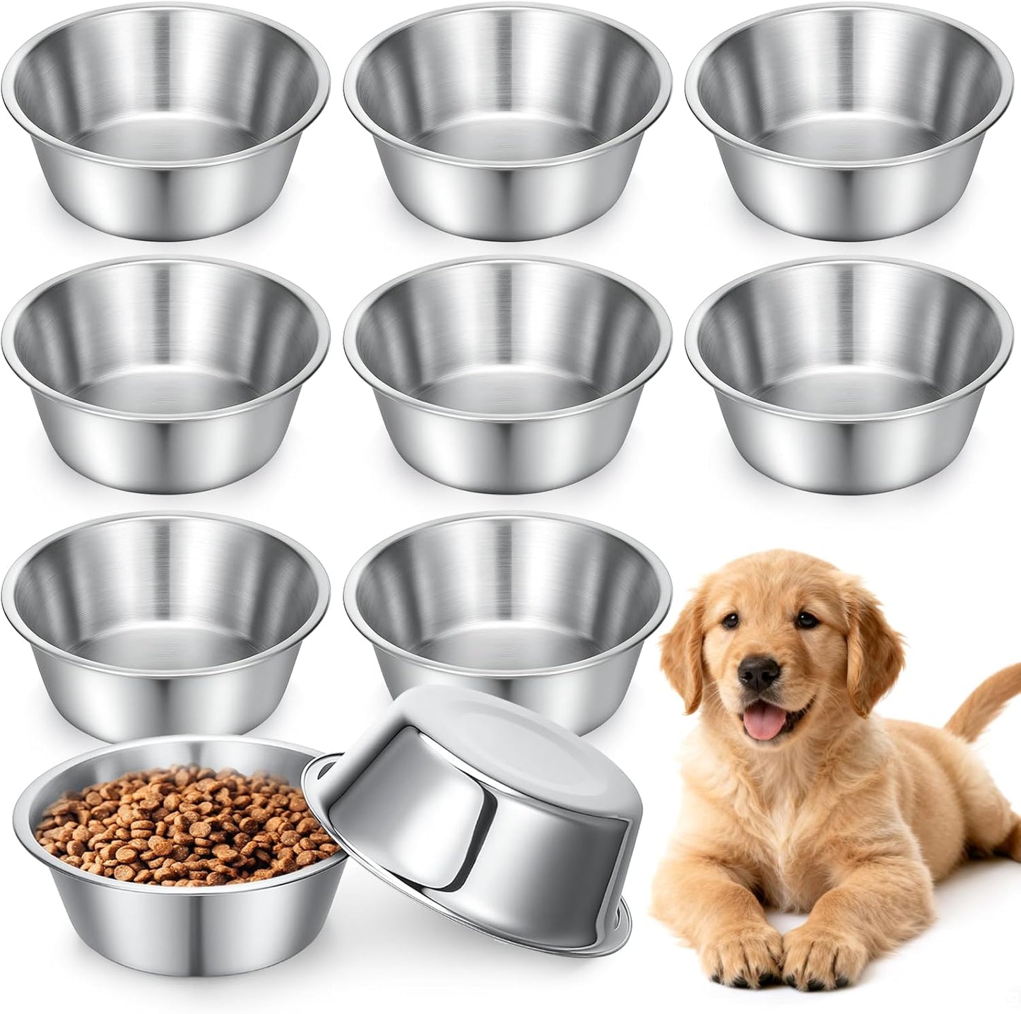 10 Pcs Stainless Steel Dog Bowls Bulk, 6.9 Inch Thickened Metal Food and Water Dish Basic Pet Feed Bowl Replacement Pet Bowls for Dogs Cats(29 Oz, Dishwasher Safe)