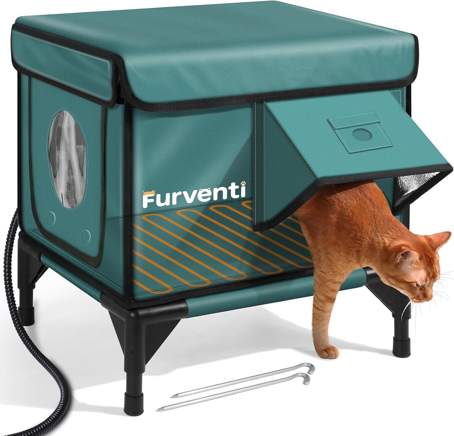 Heated Cat House for Outdoor Cats, Waterproof Insulated Outdoor Cat House with Heating Pad, Weatherproof Elevated Heated Cats House for Outside Feral Cats(Deep Green, 16" L x 12" W x 18" H)