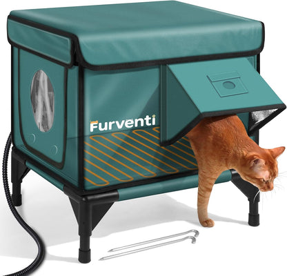 Heated Cat House for Outdoor Cats, Waterproof Insulated Outdoor Cat House with Heating Pad, Weatherproof Elevated Heated Cats House for Outside Feral Cats(Deep Green, 16" L x 12" W x 18" H)