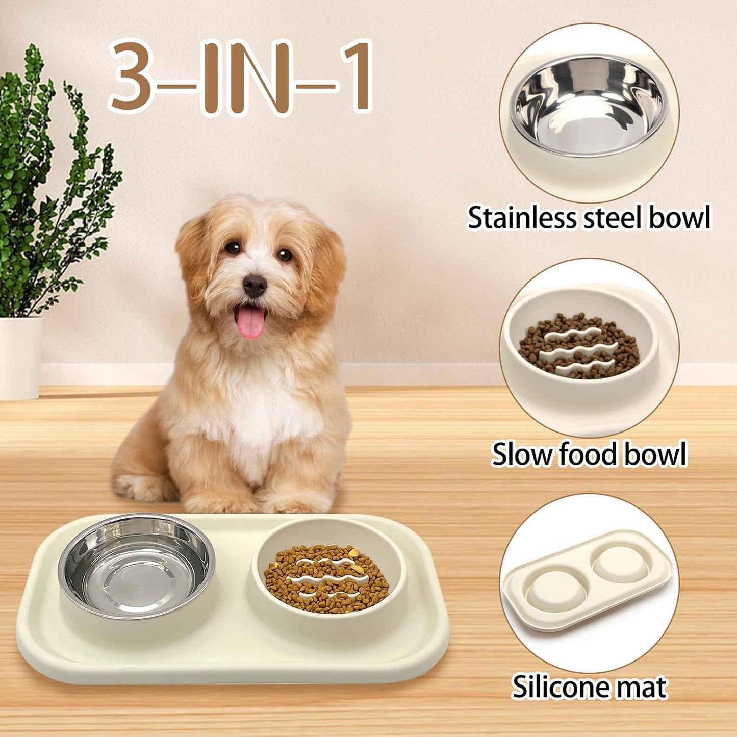 BNOSDM Slow Feeder Dog Cat Bowls, Stainless Steel with Silicone Mat Dog Food and Water Bowls Set, Pet Feeding Dish to Slow Down Eating for Cats and Small Dogs Puppy, Grey