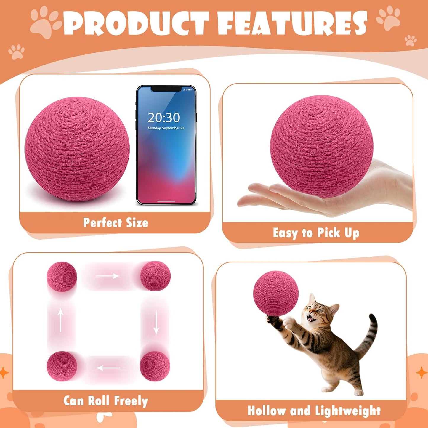 3.94 inch Rose Red Sisal Cat Ball Toy, Interactive Natural Cat Scratching Ball, Perfect Scratcher for Cats' Exercise and Fun