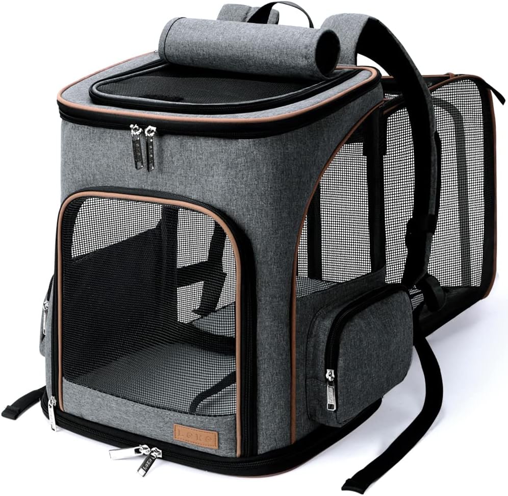 Lekereise Pet Carrier Backpack Expandable Cat Backpack for Medium Dogs and Large Cats 20-25 Lbs,14“L * 12.5" W * 16.14" H, Grey