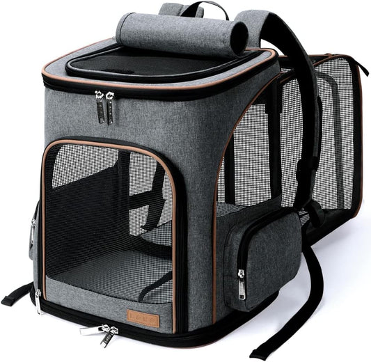Lekereise Pet Carrier Backpack Expandable Cat Backpack for Medium Dogs and Large Cats 20-25 Lbs,14“L * 12.5" W * 16.14" H, Grey