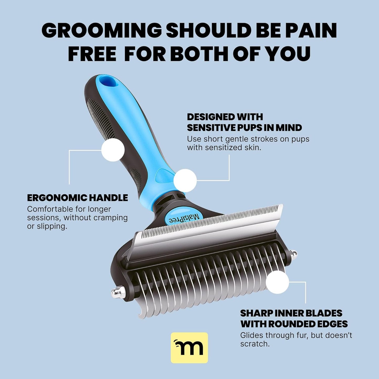 MalsiPree Dog Brush for Shedding - Large, Blue, 2-in-1 - Deshedding Dog Grooming Brush & Undercoat Rake with Dematting Comb for medium to Large Double Coated