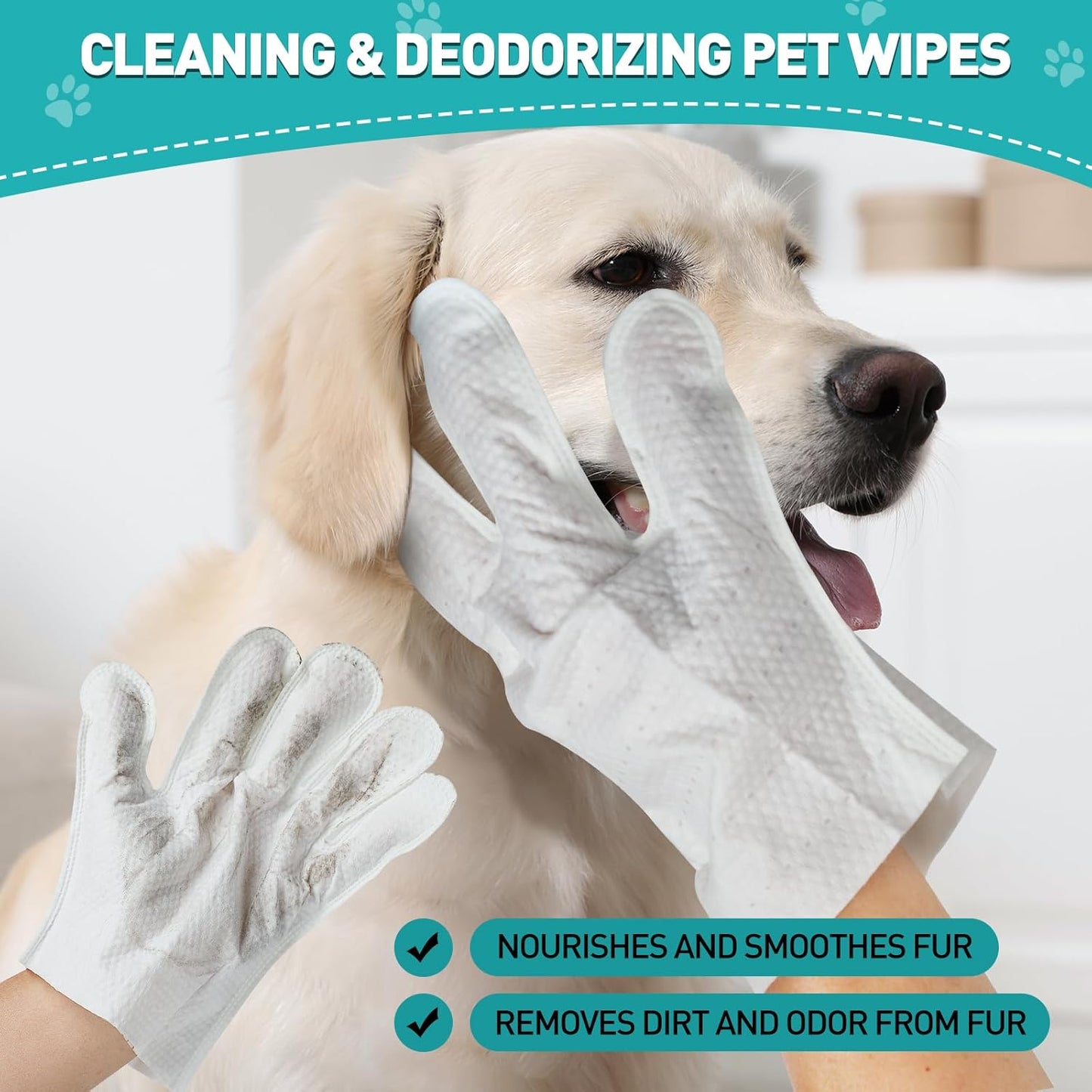 QuickClean Pet Cleaning Gloves ，Extra-Thick Pet Glove Wipes for Dogs & Cats – Gentle & Lick-Safe Dog Bath Wipes – Easy Wipe Paws, Eyes, Ears, & Body – Grooming & Deodorizing (6 Pack)