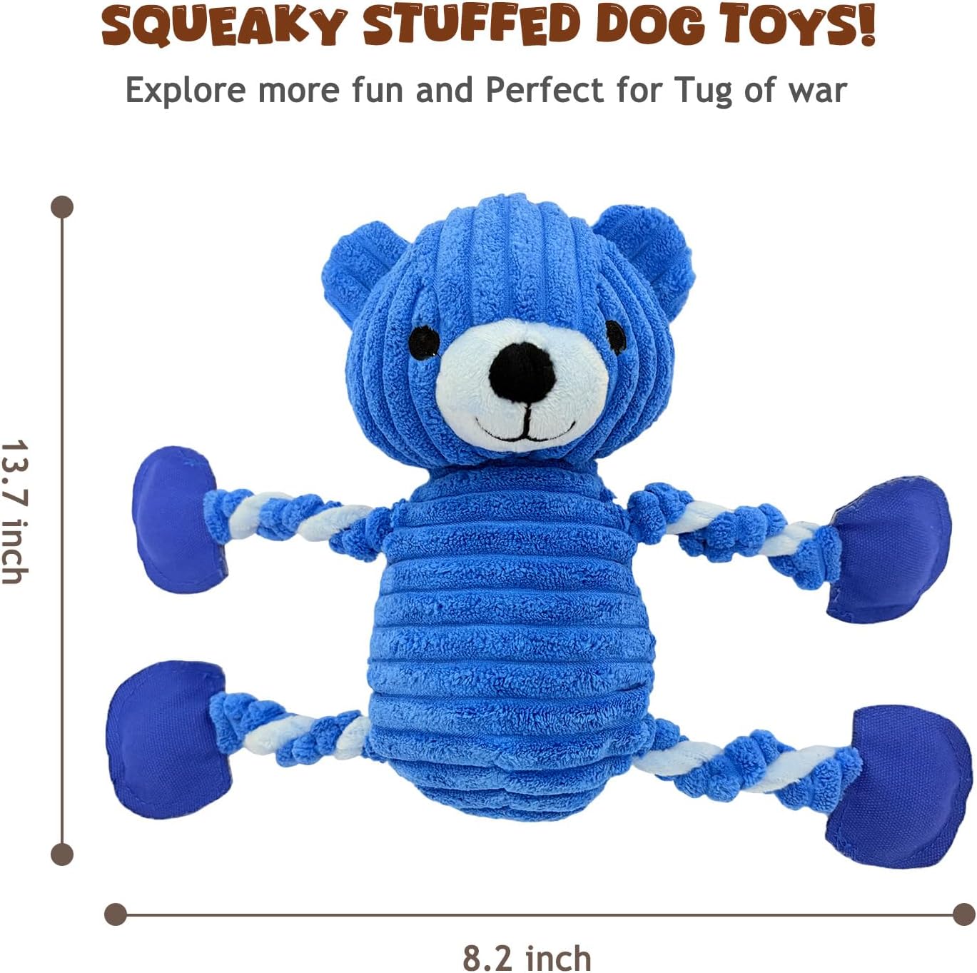 LWBMG Squeaky Dog Toys, Tug of War Dog Toys to Keep Them Busy, Stuffed Animal Dog Plush Toy for Puppy Small, Middle, Large Dogs, Cute Bear Interactive Doggie Toy Blue