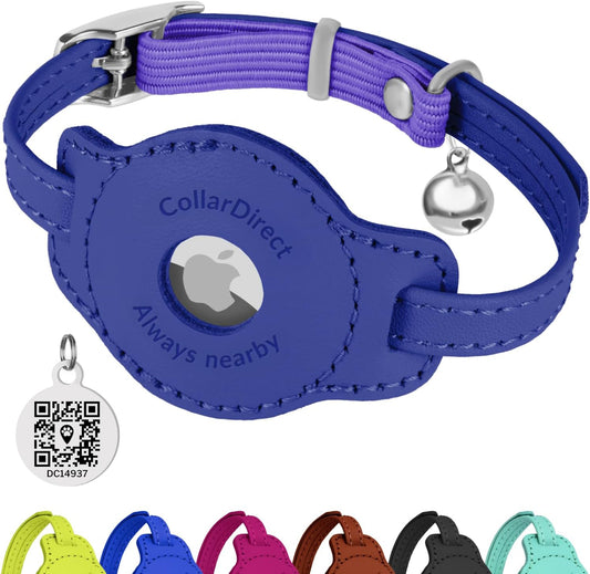 CollarDirect Airtag Cat Colar with QR Tag and Bell - Leather Cat Collar with Airtag Holder and Elastic Strap for Kittens, Small Large Cats - Collar for Girl Boy Cats (Violet, Neck Size 8"-11")