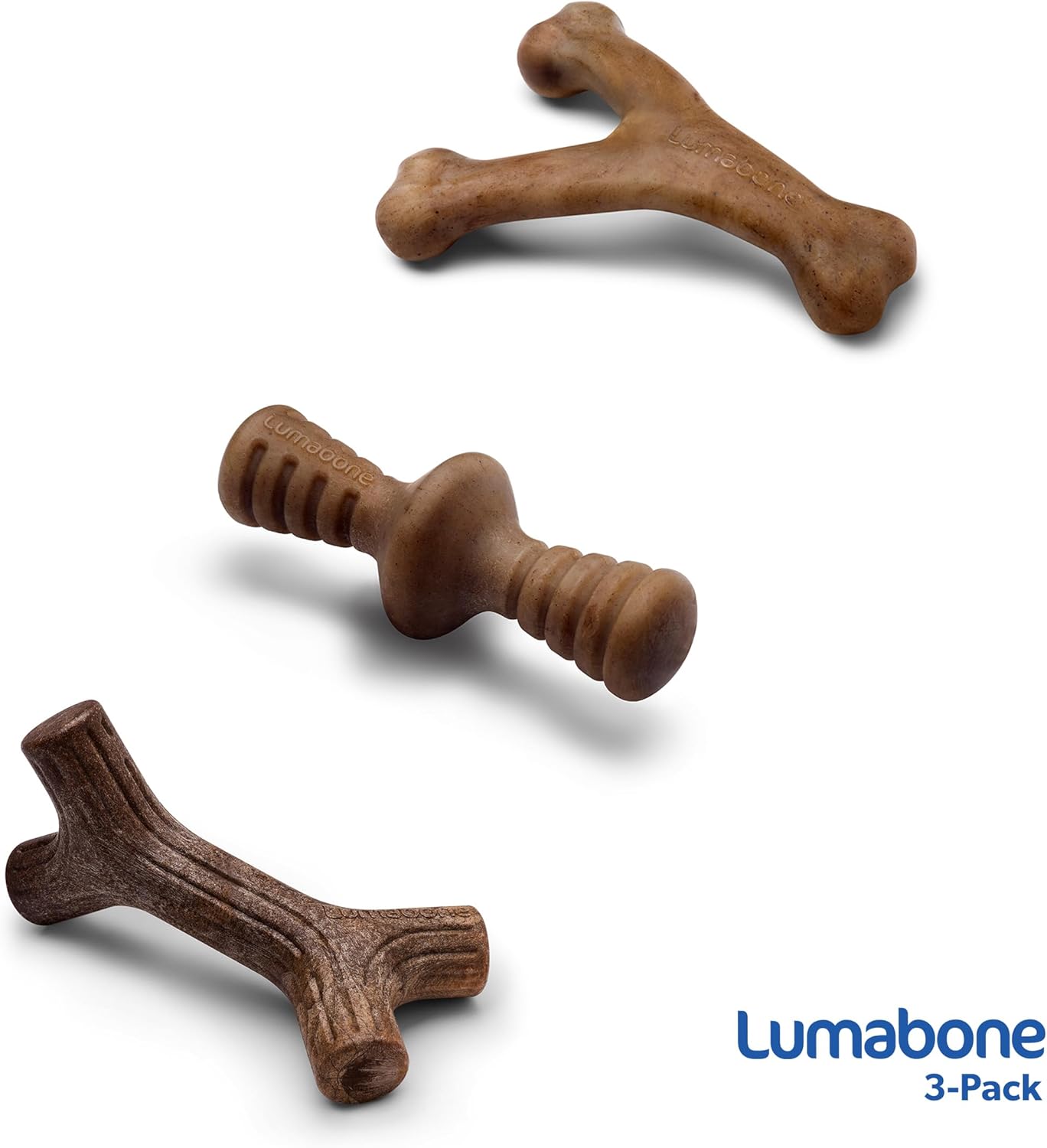 Lumabone Real Bacon Medium 3-Pack Durable Dog Chew Toys for Aggressive Chewers, Made in USA – Wishbone, Zaggler, Stick