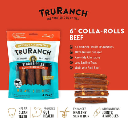 TRURANCH Collagen Rolls - 6" Collagen Rolls for Dogs - Long Lasting Healthy Joint Support Dog Treat - Rawhide Alternative - Skin & Coat Health - Made with Real Beef, 1 Bag, 4 Count
