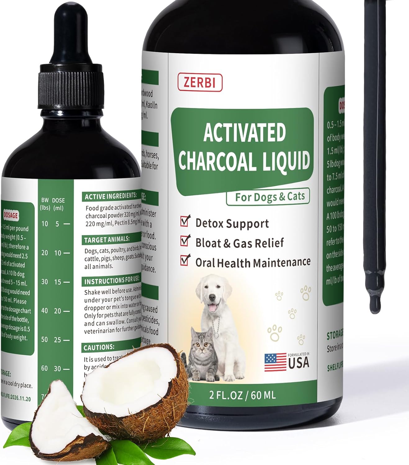 Activated Charcoal for Dogs(Liquid)–Dog First Aid Essential, Ready Rescue for Dogs – Detox, Diarrhea & Gas Relief, Non-GMO, 60ml
