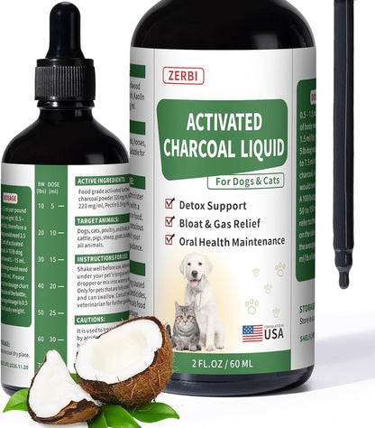 Activated Charcoal for Dogs(Liquid)–Dog First Aid Essential, Ready Rescue for Dogs – Detox, Diarrhea & Gas Relief, Non-GMO, 60ml