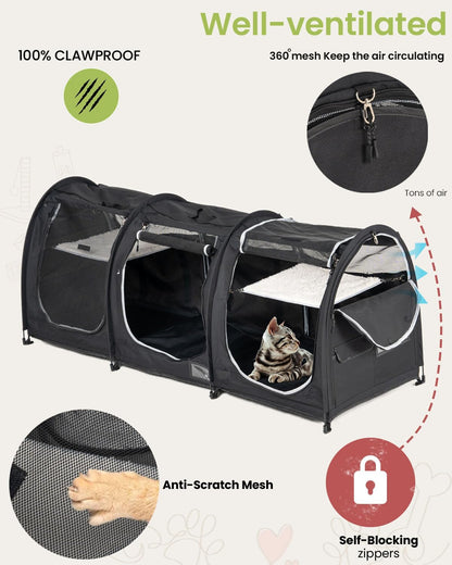 Portable Three Compartment Show House Cat Cage Condo - Easy to Fold & Carry Kennel - Comfy Puppy Home & Dog Travel Crate with Portable Carry Bag,2 Hammocks,3 Mats and Collapsible Litter Boxs