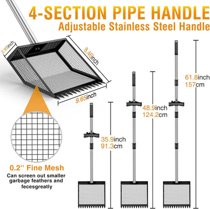 TOOGE Large Chicken Poop Scooper: 2-in-1 Metal Pooper Scooper & Rake Adjustable Long Handle Stainless Steel Sand Sifter Litter Shovel Chicken Coop Scoop Cleaning Tool for Coffee Ground Farm Yard Black