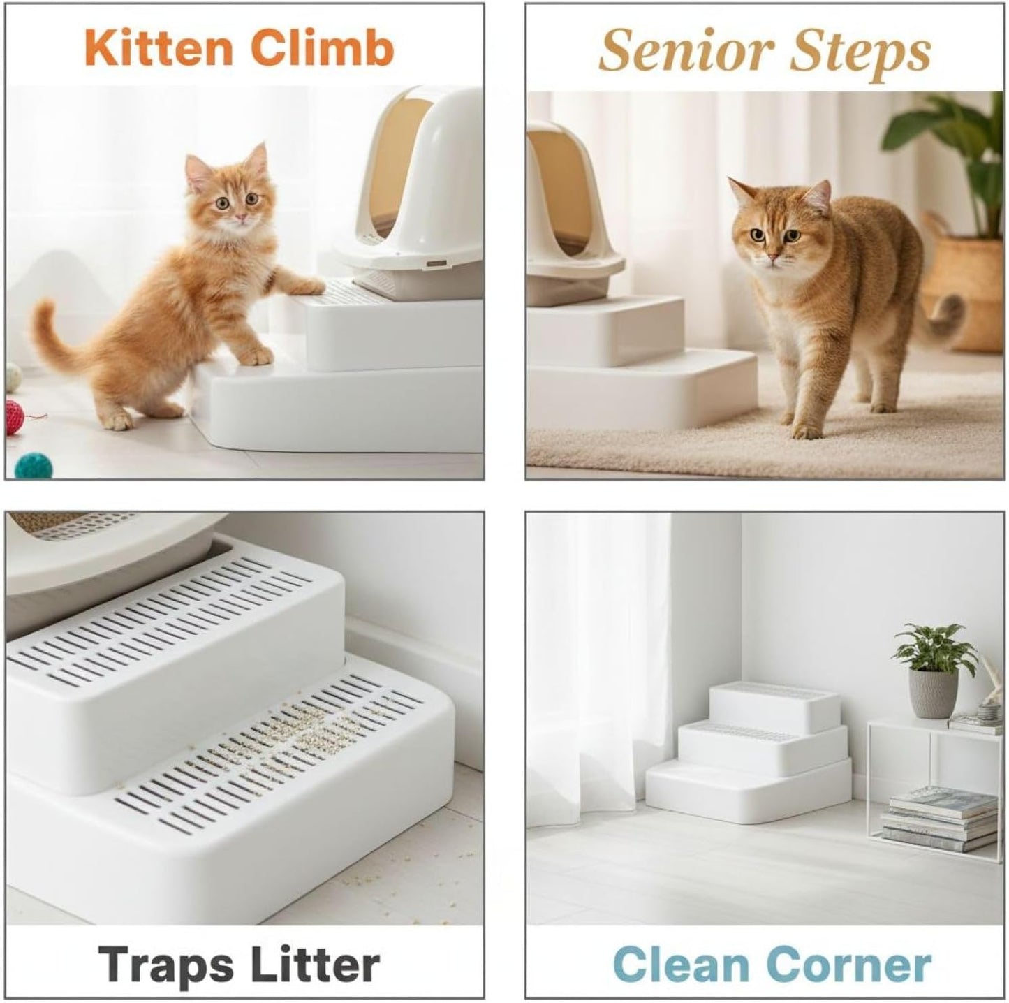 Adjustable 3-Step Cat Litter Box Ramp, 11.4 x 11.4 x 8.4 in, Stable Structure Design, Easy to Clean, Great Litter Box Step for Young & Senior Cats
