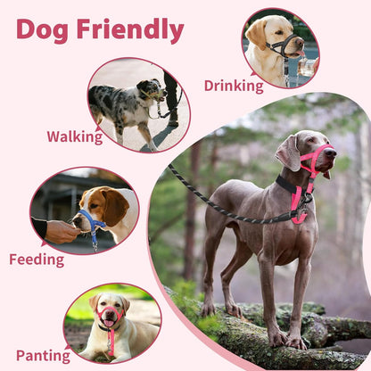 BARKLESS Sturdy No Pull Head Collar for Medium Large Dogs, Gentle Reflective Head Halter with Safety Link, Adjustable Nylon Dog Training Muzzle Leash for Walking Control (Hot Pink, XL)