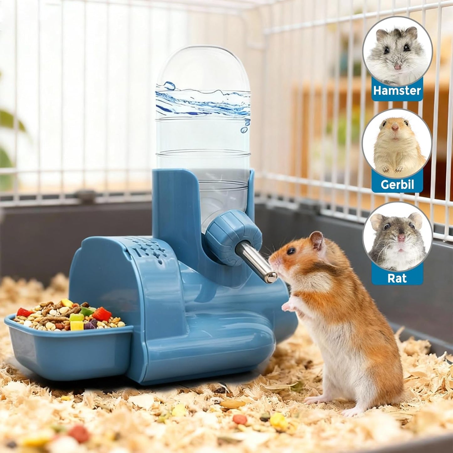VANNON 3 in 1 Hamster Water Bottle No Drip Small Animal Water Bottle Automatic Bottle Dispenser with Food Container Base Hut and Hideout Base 4oz/120ml,Leekproof, BPA Free