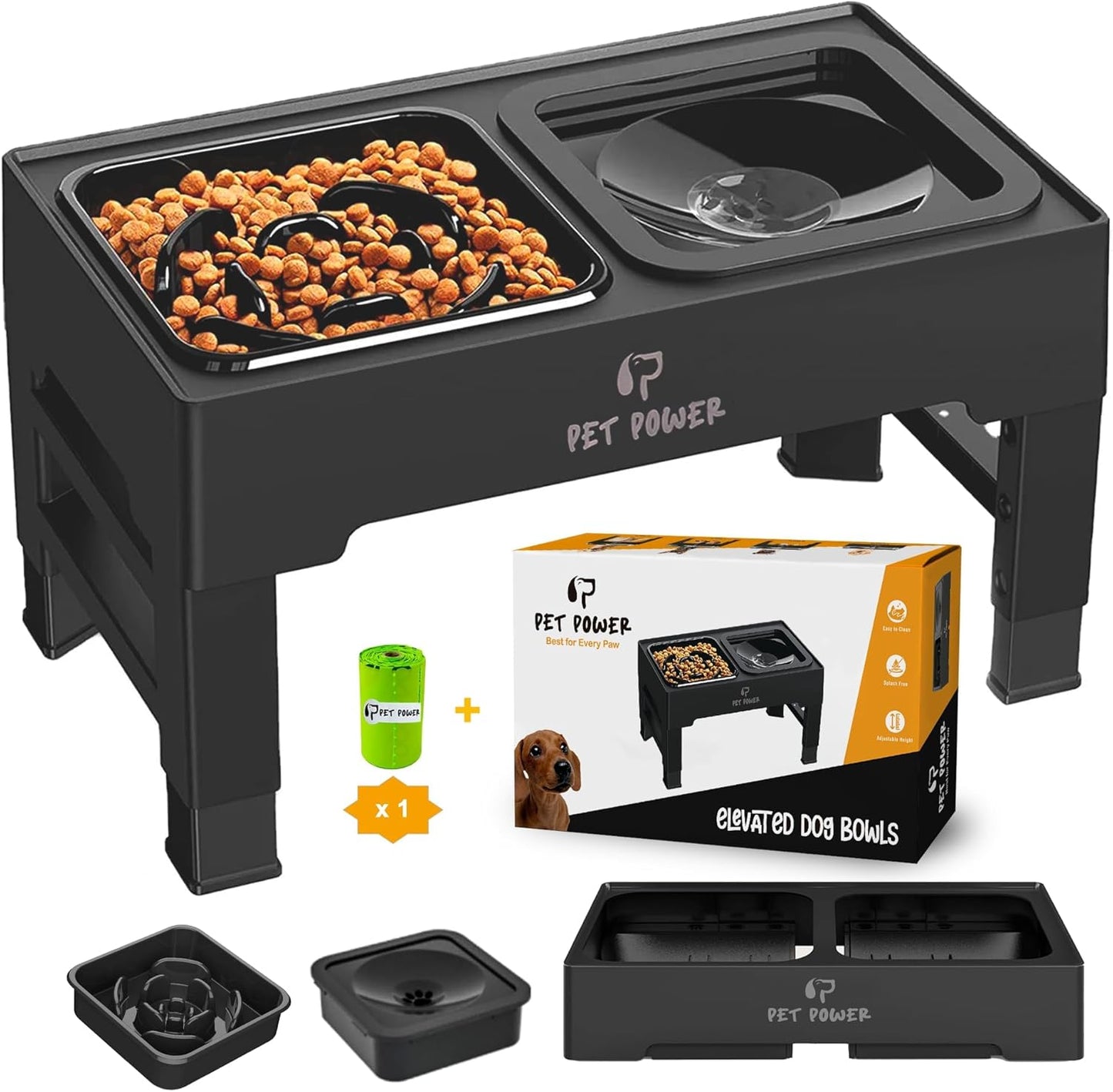 Dog Bowls Elevated, 4 Adjustable Height Raised Dogs Bowl with No-Spill Water Dish & Slow Feeder, Non-Slip Food & Water Bowl for Small Medium Large Dogs - Elevated Dog Bowls Large Breed