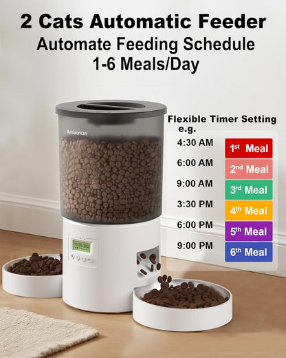 Automatic Cat Feeder for 2 Cats,4.2L Programmable 1-6 Meals Control Cat Food Dispenser,Dual Power Supply,10S Voice Record (Transparent White, Stainless Steel 2 Bowls)