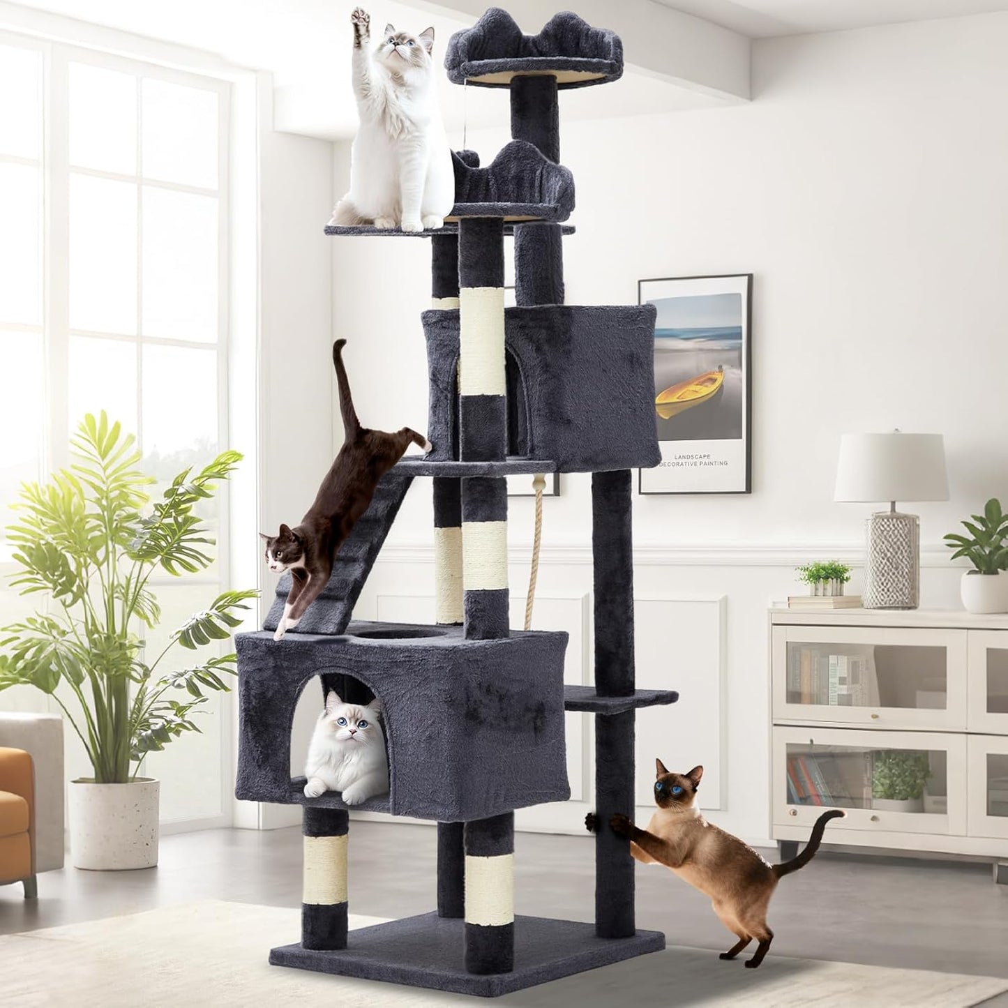 72" Cat Tree for Large Cats, Tall Cat Tower with 6 Scratching Posts, Large Top Perch, Balls & Sturdy Heavy Duty House for Adult Big Indoor Cats