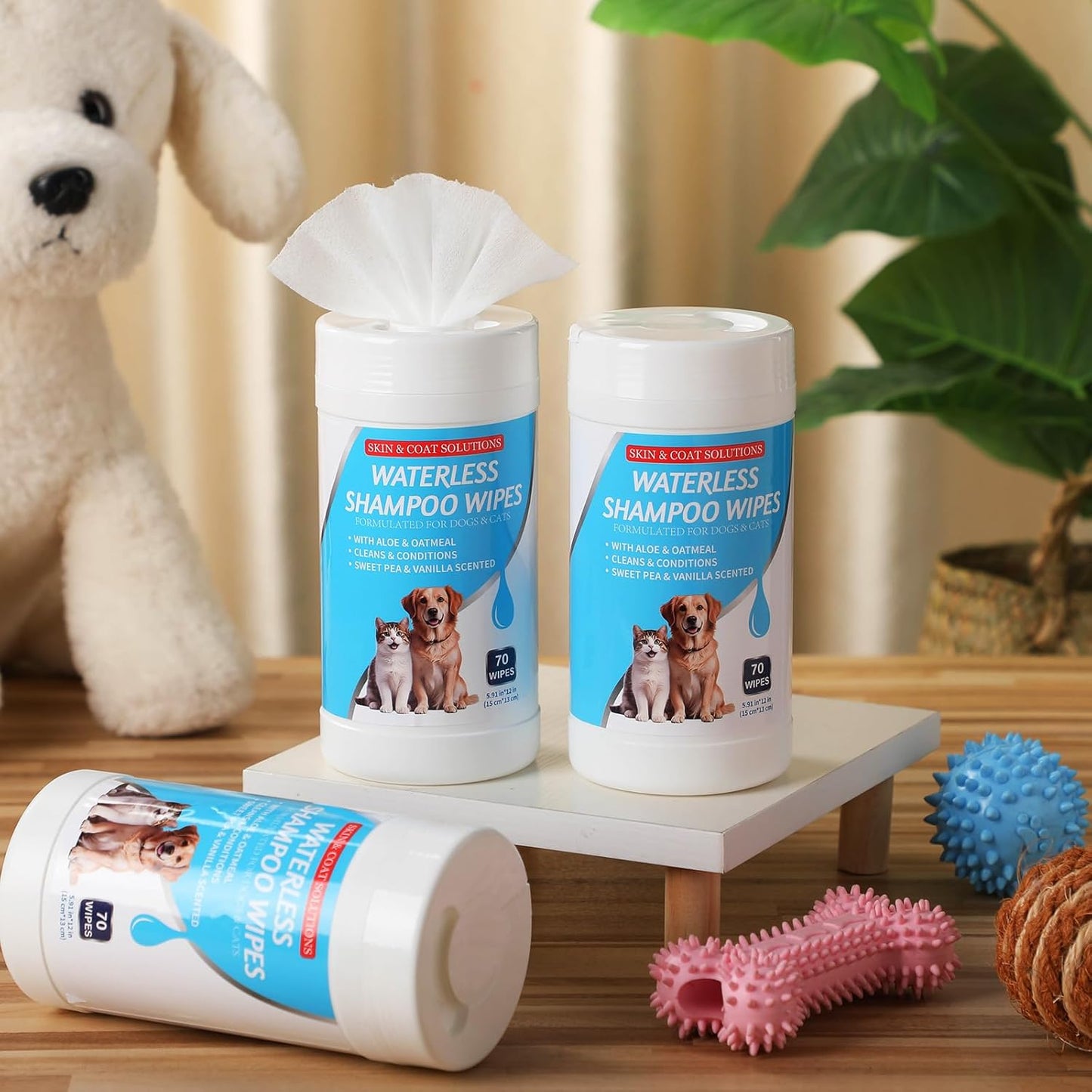 3 Pcs 210 Count Waterless Shampoo Wipes for Dogs Cats 5.91 x 5.12 Inches Dry Pet Bath Cleaning Wipes Safe Disposable for Puppy Cat Cleaning Fur, Deodorizing, Grooming, Sweet Pea Vanilla