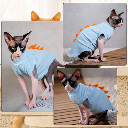 DENTRUN Sphynx Cat Clothes, Cute Dinosaur Design Hairless Cat Costume, Breathable Cotton Shirts Cat Clothes for Cats Only, Round Collar Kitten Daily T-Shirts with Sleeves, Cats Funny Cosplay Apparel