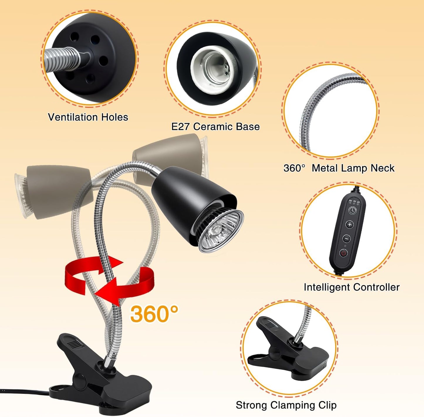 Reptile Heat Lamp, Turtle Heater Light with 2Pcs UVA UVB Bulb, 360° Rotatable Turtle Tank Basking Light with Clamp and Cycle Timer, Heat Lamp for Turtle Lizard Snake Amphibians