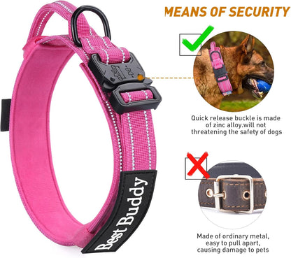 AUBELL Reflective Tactical Dog Collar,Adjustable Military Heavy Duty K9 Collars with Handle and Quick Release Metal Buckle Great for Large Dogs, with Airtag Case and 2 Patches (Pink,L)