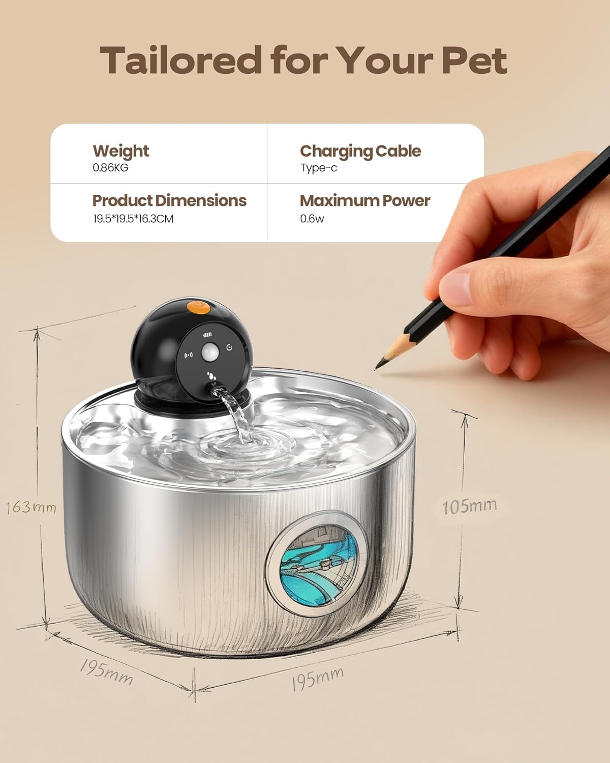 Wireless Cat Water Fountain Cordless: Battery Operated Stainless Steel Cat Fountains for Drinking - 88oz/2.6L Rechargeable Pet Water Fountain Indoor with Motion Sensor - Automatic Water Bowl Dispenser