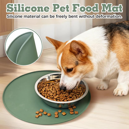 BNOSDM Silicone Cat Feeding Mat 2 Pack Dog Bowl Mats Pet Silicone Food Mat for Food and Water Nonslip Waterproof Feed Mats Round Eating Plate for Small and Medium Cats and Dogs (Dark Green)