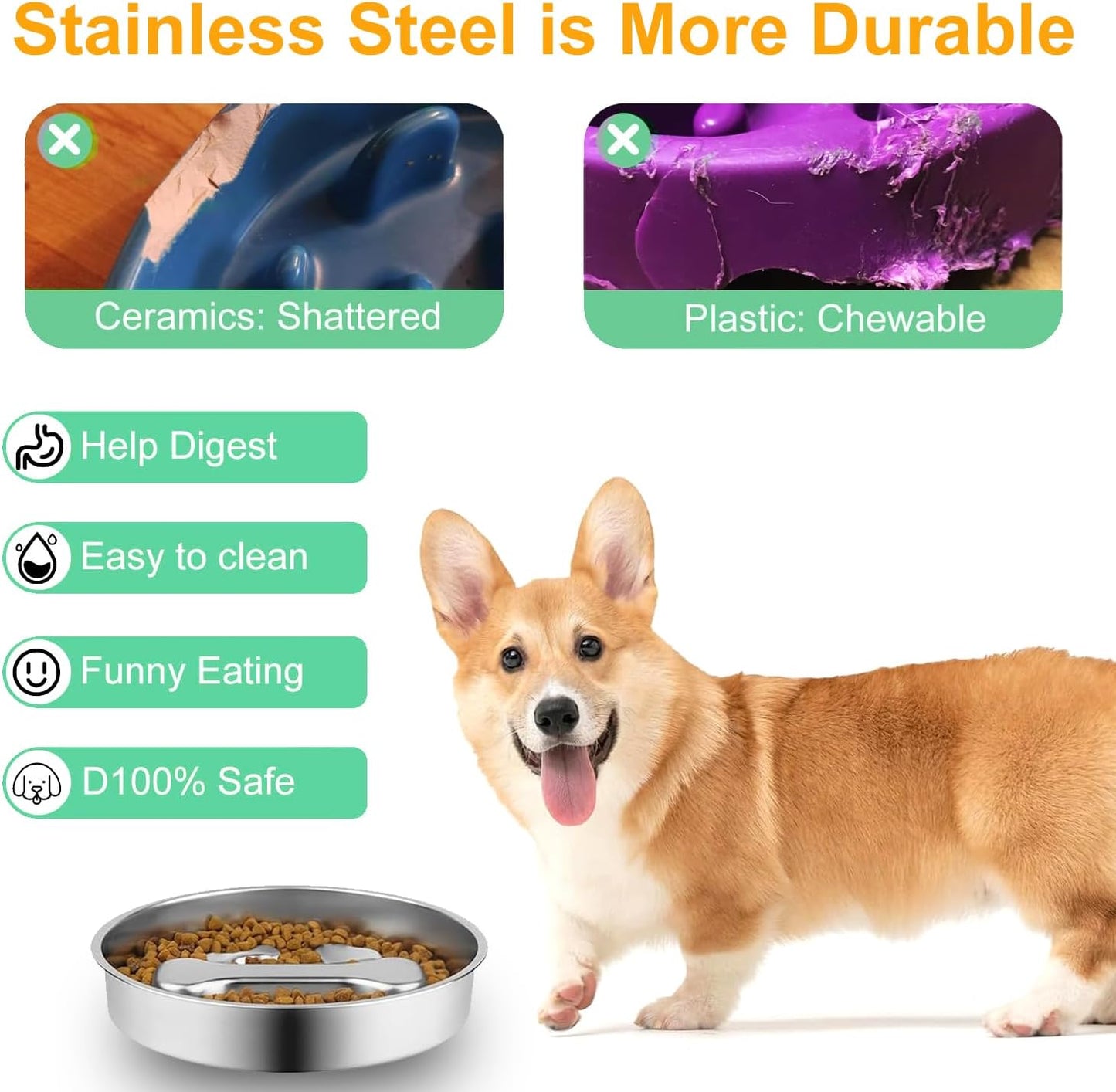 Stainless Steel Slow Feeder Dog Bowls,2 Pcs Slow Food Bowl for Dog & Cat - 2 Cups Capacity,Bone-Shaped Design Pet Food Holder,Metal Non-Slip Lick Plate,Puzzle Maze Dish for Small & Medium Sized Breeds