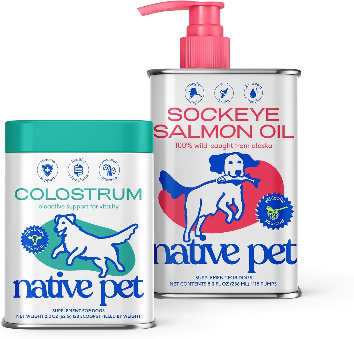 Native Pet Sockeye Salmon Oil (8 Oz.) & Colostrum for Dogs (120 Scoops) - Bovine Colostrum Powder – Allergy Relief, Immune Support & Itchy Skin Treatment & Pure Omega 3 Fish Oil