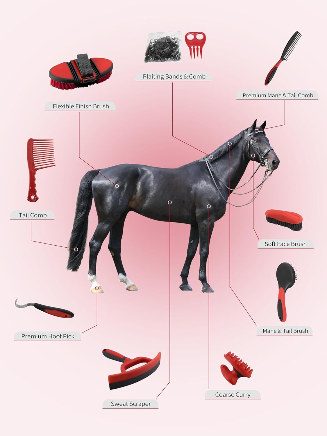 Harrison Howard Horse Grooming Kit 9-Piece Equine Care Series Horse Brush Sets with Organizer Tote Bag Tack Room Supplies Shedding Grooming Massaging Tools Red