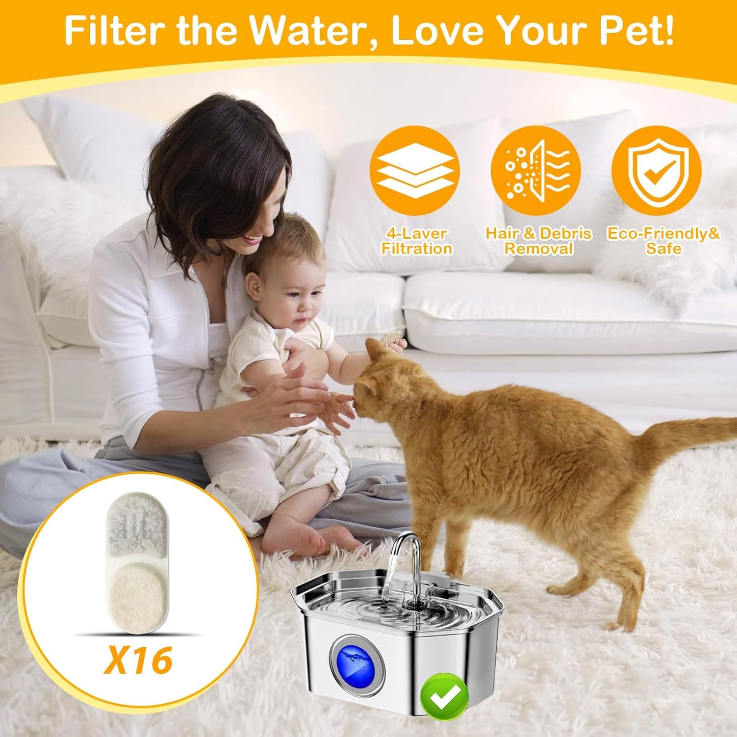 16+16 Pack Replacement Filters for APAUK Cat Water Fountain Stainless Steel 108oz/3.2L, 6 Month Set for Dog Water Dispenser, Includes 16 Filters & 16 Sponges