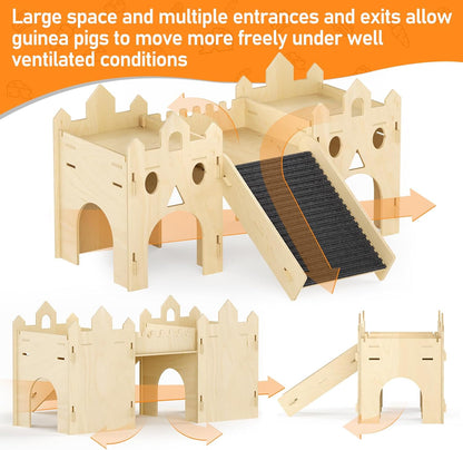Guinea Pig Hideout House, Advanced Wooden Hamster Hideout with Climbing Ladder & Rest Zone, Bunny Castle Tower Toy for Guinea Pig Chinchilla Gerbil Hedgehog Small Animal House Habitat Hut