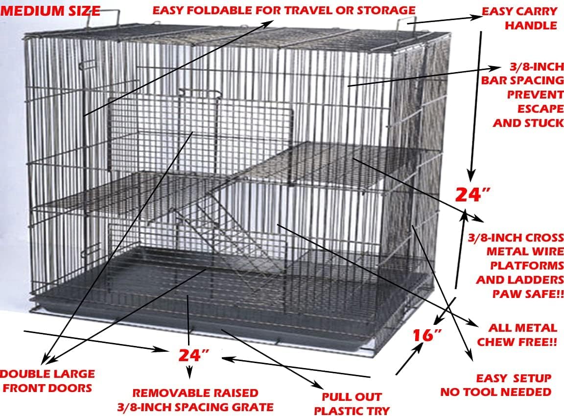 3-Levels Easy Portable Collapsible Ferret Chinchilla Sugar Glider Rats Mouse Animal Critter Chew-Proof Metal Carrier Travel Cage with Narrow 3/8-Inch Bar Spacing Easy to Setup No Tools Needed