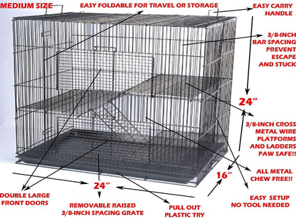 3-Levels Easy Portable Collapsible Ferret Chinchilla Sugar Glider Rats Mouse Animal Critter Chew-Proof Metal Carrier Travel Cage with Narrow 3/8-Inch Bar Spacing Easy to Setup No Tools Needed