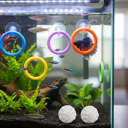 8 Pcs Betta Fish Toys, 4Pcs Betta Fish Tank Accessories and Turtle Toys for Aquatic Turtles with 4 Filter Balls (40mm), Aquarium Training Feeding Ring