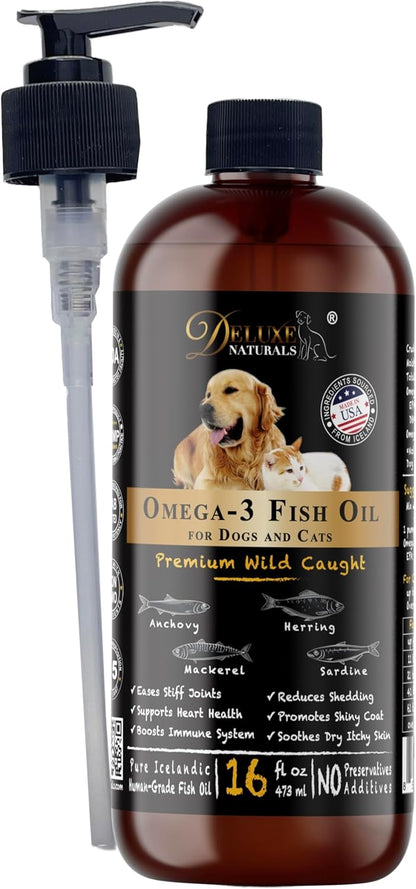 Rich Omega-3 Fish Oil for Dogs & Cats | Natural EPA + DHA Fatty Acids for Shiny Coat, Reduce Itchy Skin, Support Joint Function, Immune & Heart Health, 16 FL OZ