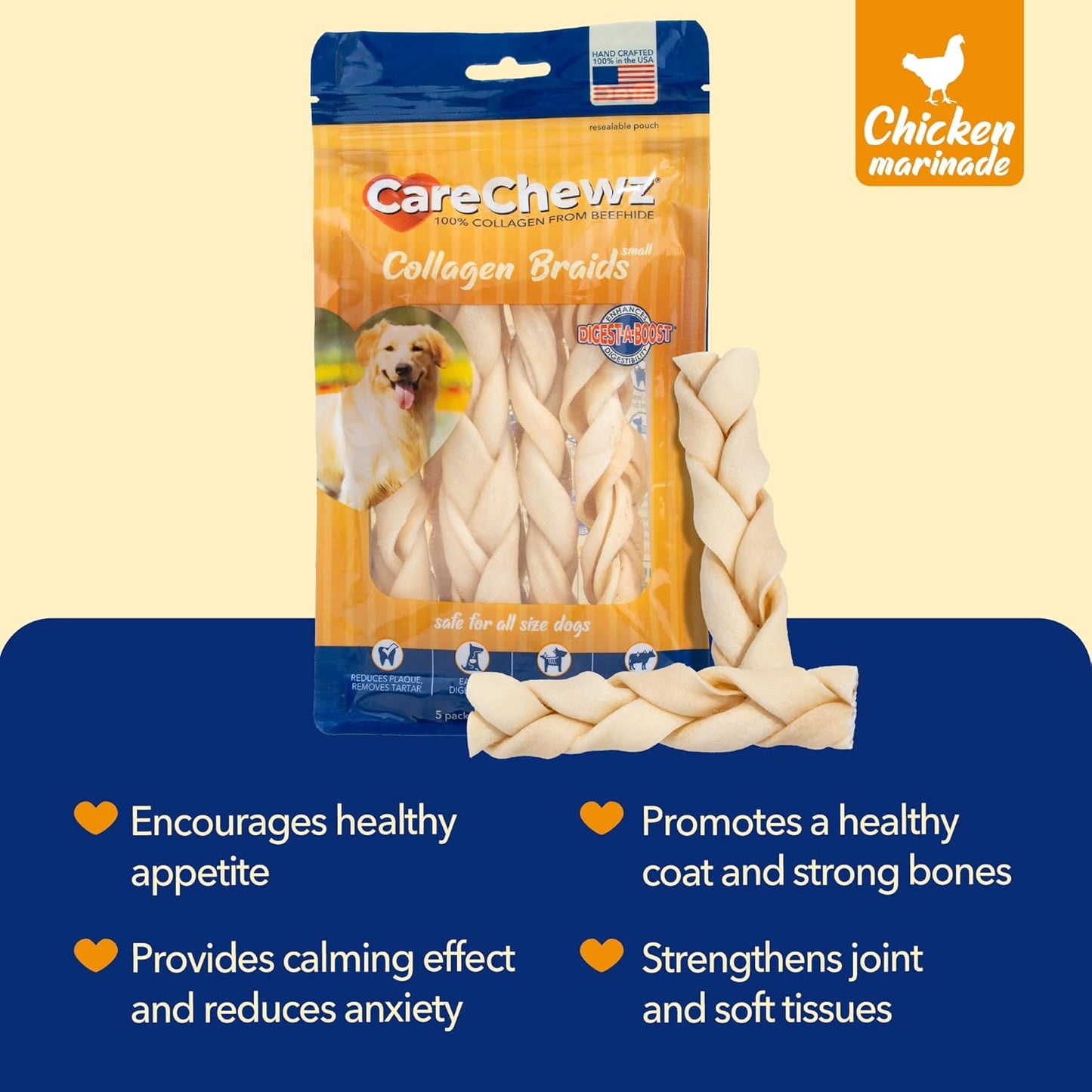 Pet Factory - CareChewz Beef Collagen Dog Treats (Pack of 5, 6-7 inch Skinny Braid Sticks), USA Made Beefhide Dog Chews, Support Joints, Dental Health, Reduce Inflammation & Promote Healthy Coats
