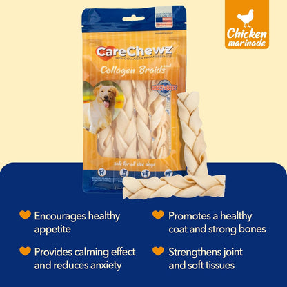 Pet Factory - CareChewz Beef Collagen Dog Treats (Pack of 5, 6-7 inch Skinny Braid Sticks), USA Made Beefhide Dog Chews, Support Joints, Dental Health, Reduce Inflammation & Promote Healthy Coats