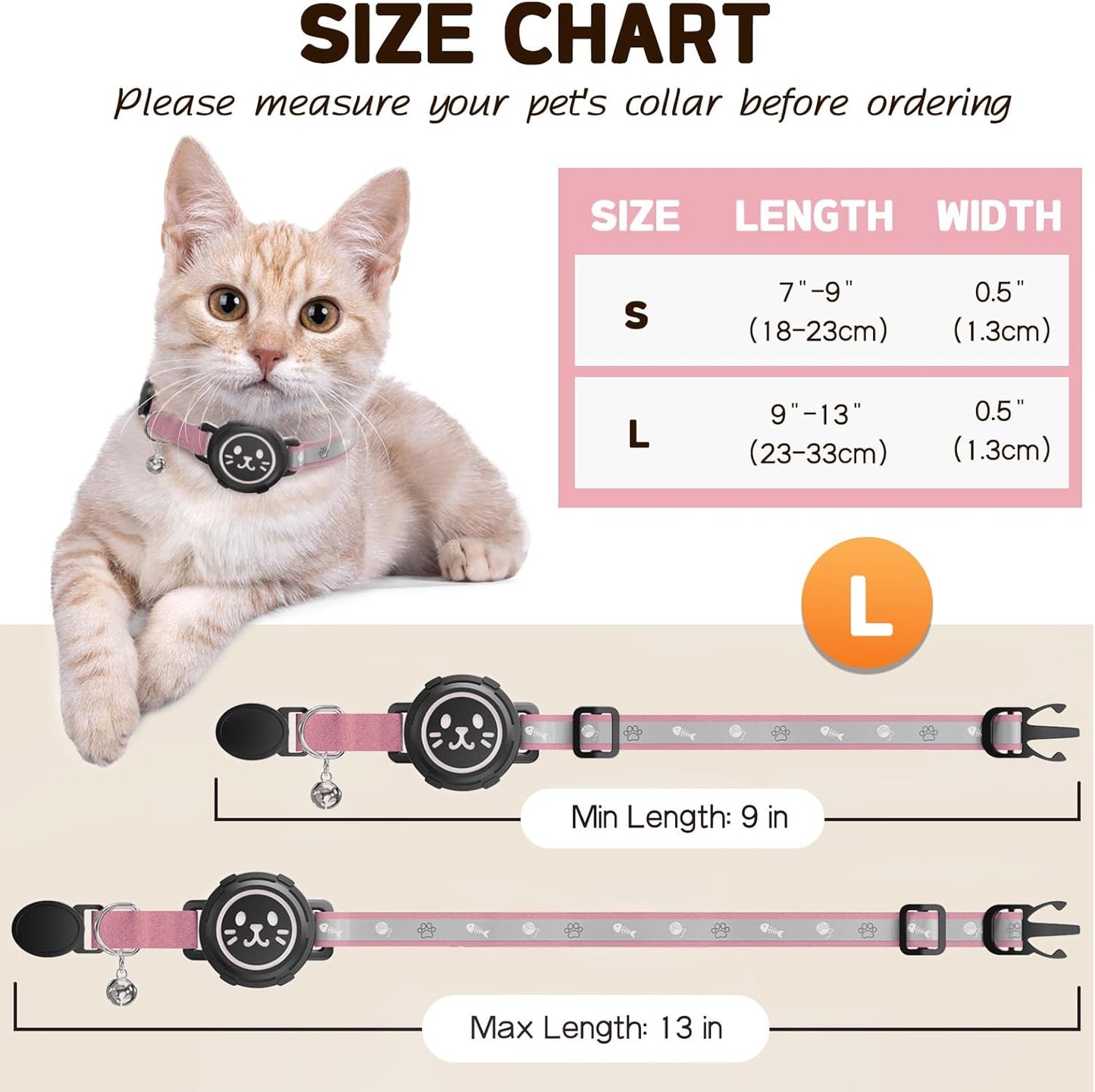 AirTag Cat Collar Non Breakaway, Reflective GPS Cat Collar Adjustable with Bell and Safety Elastic Strap for Kittens, Lightweight Cat Airtag Collar for Girl Boy Cats(Pink, L)